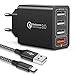 Produktbild IWAVION Quick Charge 3.0 USB Ladegerät mit USB Type C Ladekabel, 30W QC 3.0 ladegeraet mit 4 Ports Schnellladegerät USB Netzteil für Samsung Galaxy S10/S9/S8/Note,LG V30,Huawei P20/P30,XiaoMi(Schwarz)
