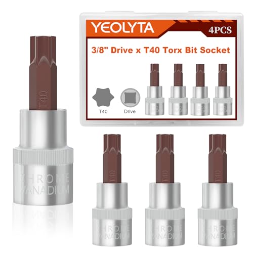 4PCS 3/8 Drive T40 Torx Bit Socket S2 Steel Bits CRV Steel Star Socket 1.9 Length for Slide Bar Ratchet Wrench Extension Rod Impact Drill and Home Repair (T40 3/8)