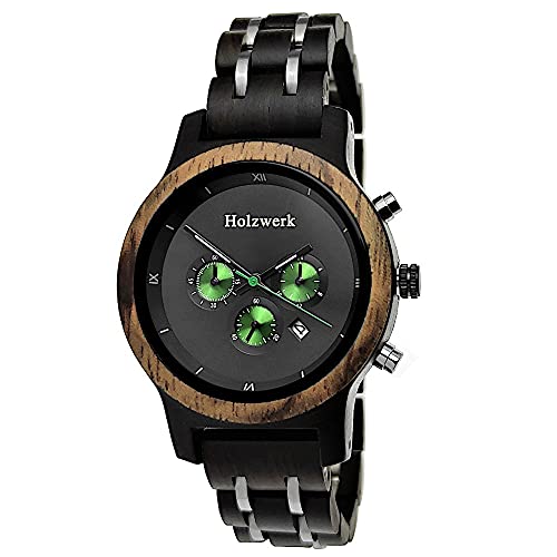 Holzwerk Germany Handgefertigte Designer Damen-Uhr Öko Natur Holz-Uhr Chronograph Armband-Uhr Analog Quarz-Uhr Schwarz Braun Grün Silber Datum Holz Ziffernblatt (Schwarz.grün)