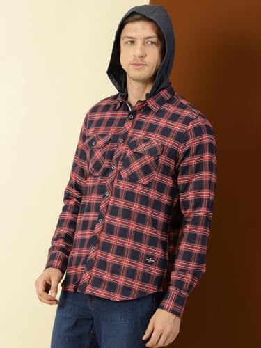 Image of Thomas Scott Men's Cotton Classic Hood Collar Tartan Checks Casual Shirt