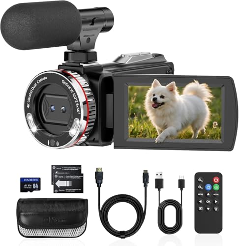 Videokamera Camcorder 4K 64MP 21X Digitalzoom Video Kamera, Webcam Vlogging Kamera für YouTube, 3,0 Zoll 270°-Drehung Screen Videokamera 4K mit HDMI-Kabel, Externes Mikrofon, 64 GB-Karte und 2 Akkus