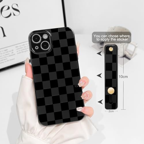 NITITOP Compatible with iPhone 15 Plus Case with Wrist Strap Kickstand Cute Trendy Checkerboard Plaid for Women Girls Slim Fit TPU Silicone Shockproof Full Camera Protective Cover - Black by NITITOP - Used condition - Image 5