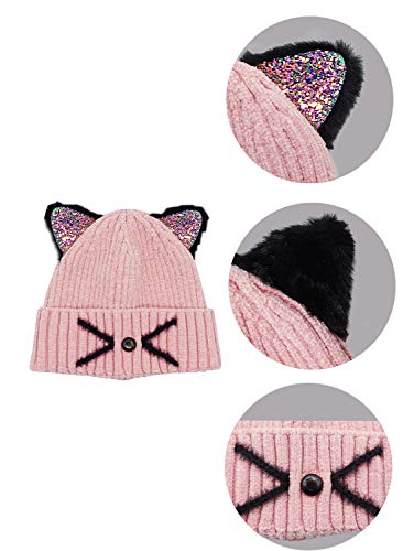 Bellady Mother Children Sequin Cat Ears Hats Warm Knit Crochet Beanies Cute Fashion Skull Cap, Adult_Pink #TOP5
