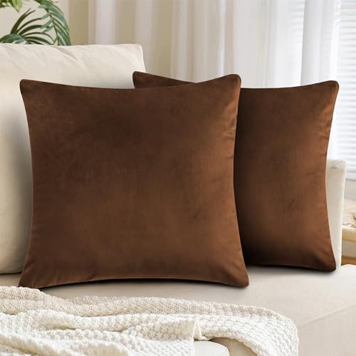 Hafaa Cushion Covers 45 x 45 (Pack of 2) - Crushed Velvet Square Throw Pillow Cases - Decorative Soft Cushion Cover for Sofa Couch Bedroom with Invisible Zipper (Brown, 18" x 18" Inch)