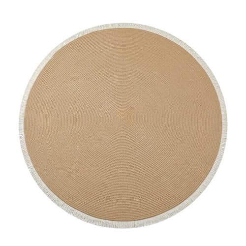 Image of Cotton Round Carpet 3x3 feet - Handmade Braided Boho Rug for Living Room, Bedroom & Balcony - Soft Washable Floor Mat, Color -Beige