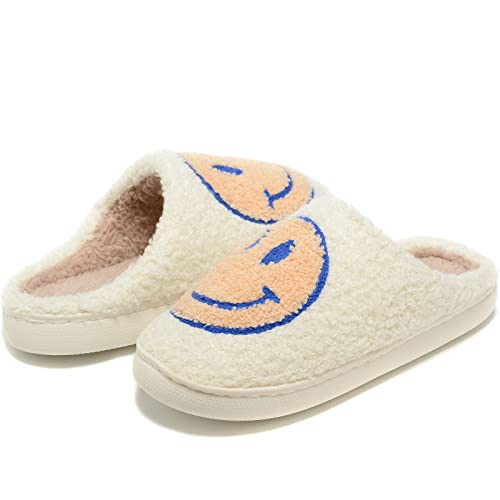 Image of Retro Fuzzy Face Slippers for Women Men, Retro Soft Fluffy Warm Home Non-Slip Couple Style Casual Smile Face Slippers Indoor Outdoor Anti-Skid Warm Cozy Foam Slide Fuzzy Slides with Soft Memory Foam Shoes