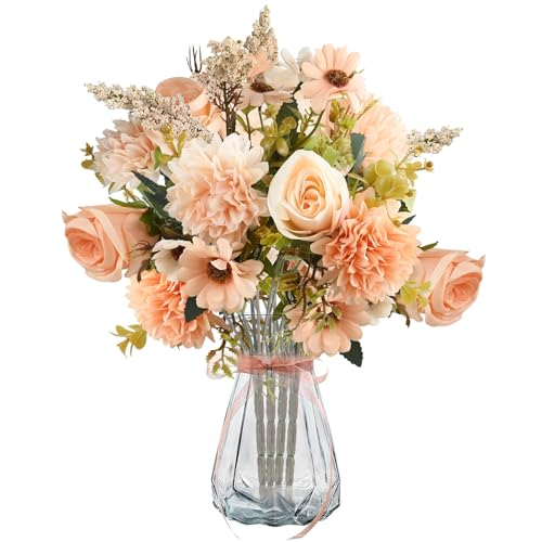 4 Stück Kunstblumen Rosen, Künstliche Blumen mit 7 Blüten je Strauß, Seide Rosenstrauß Künstlich Blumenstrauß, Kunstblumen Wie Echt für Hochzeit Partei Küche Heim Deko DIY Blumenarrangement(Champagne)