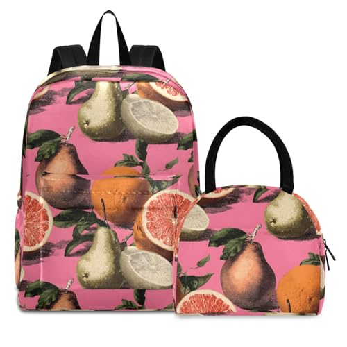 Vintage Fruits Print Backpack Set with Lunch Bag, Large Capacity Travel Backpacks and Lunch Box Insulated for Commute Hiking Picnic