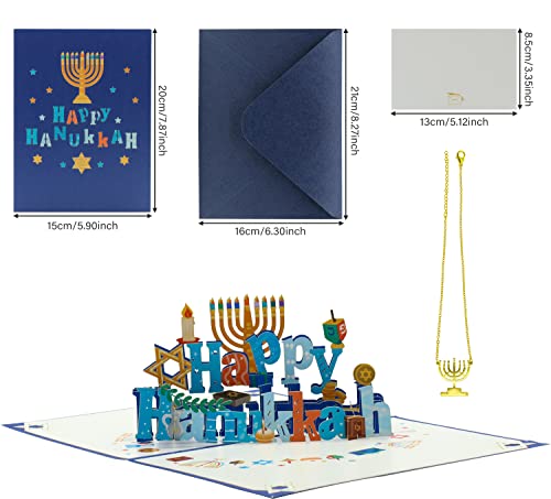 Happy Hanukkah Pop Up Card With Menorah Lights Necklace,3D Chanukah Greeting Card,Jewish Holiday Cards,Hanukkah Greeting Cards With Envelopes For Kids Adults (Necklace Color Random Delivery) #TOP1