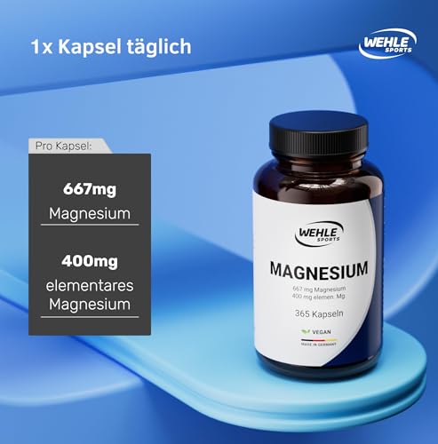 Magnesium 400mg Kapseln hochdosiert - 365 Stück (1 Jahr) 667mg je Kapsel, davon 400mg elementares Magnesium I Vegan - Wehle Sports - Verpackung kann variieren