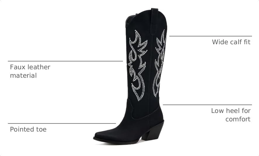 Image of Pasuot Western Cowboy Boots for Women - Knee High Wide Calf Cowgirl Boots, Slip On Pointed Toe Chunky Heel Fashion Retro Classic Pull On Tall Boot for ladies Party concert