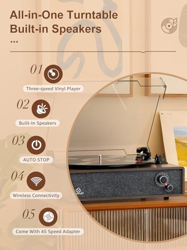 Image of Record Player Vintage Turntable for Vinyl Records Built-in Stereo Speakers LP Phonograph Auto Stop Tone Adjustment Belt Drive 3 Speed 3 Size Support Wireless Input RCA Output Retro Coffee Brown
