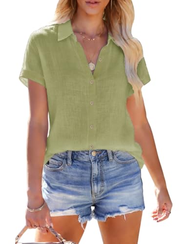 Linen Shirts for Women Short Sleeve Button Down Shirts Casual Solid Blouse Vacation Beach Summer Tops Concert Outfit - Green M
