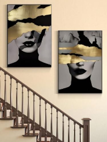 Toile murale abstraite de salon portraits de femmes luxueuses noir et or 40 x 60 cm