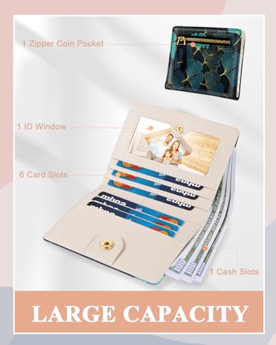 Womens Wallet, RFID Small Card Wallets for Women, Slim Thin Bifold Leather Credit Card Holder Wallet, Cute Compact Wallet Ladies Mini Purse with Zipper Coin Pocket & ID Window(Lucky Green Leaf)3