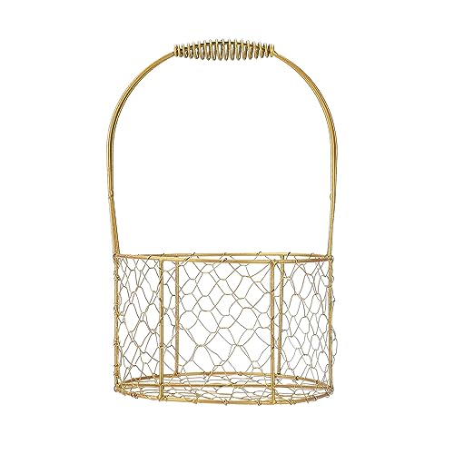HFEHSKJ Gold Wire Storage Basket, Metal Iron Flower Girl Baskets for Weddings, Flower Girl Petal Basket with Handle, Rustic Flower Basket for Birthday Party Decoration (Round, 1PCS)