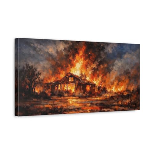 Tableau maison en feu abstrait pour salon contemporain 50x25