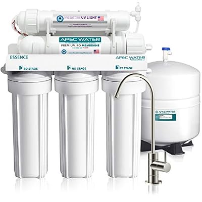 APEC Water Systems Essence ROES-UV75 Top Tier Violet Sterilizer 75 GPD 6 Stage Ultra Safe Reverse Osmosis Drinking Water Filter System, Plastic UV Housing, White