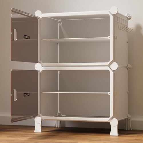 Image of BOXJOY 4 Shelf File Cabinet for Home and Office White Rack with 2 Brown Doors Hard PET Plastic Drawer Cabinet with Metal Frame Multipurpose File Document Storage and Stationery Organizer