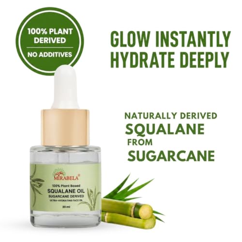 Image of Mirabela Squalane Oil for Face - Hydrating Face Oil for Glowing Skin, Hydration, Lightweight Moisturizer, 100% Plant Derived Sugarcane Squalane Oil from France, Non-Comedogenic, All Skin Types, 20ml