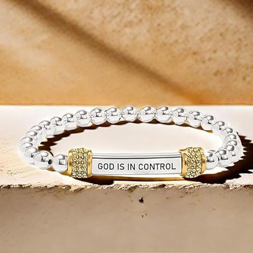 God Is In Control Dainty CZ Beaded Stretch Bracelet, Motivational Stainless Steel Engraving Tube Bracelets Inspirational Chain Crystal Energy Faith Jewelry for Women Men3