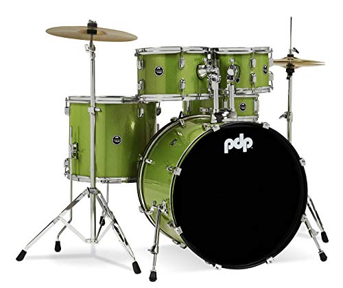 Pacific Drums Center Stage Complete Drumkit, 5 Drum Set, Electric Green Sparkle, 7x10, 8x12, 14x16 Floor, 16x22 Kick, 5x14 Snare (PDCE2215KTEL)
