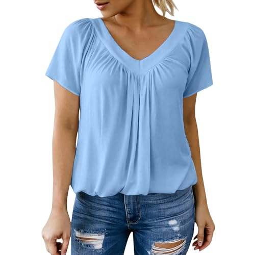 Tee Shirt Femme Large - Tee Shirt Femme Chic Décontracté Tshirt Manches Courtes Elegant Tshirt Col V Confortable Haut Coupe Oversize Couleur Unie Haut Fluide Respirant