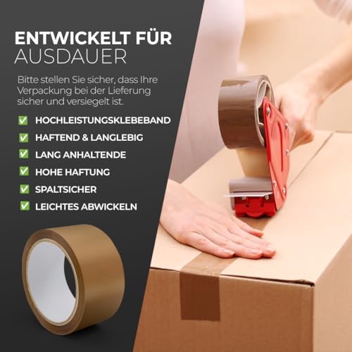 Stick Well Verpackungsklebeband, Industrieklebeband für Pakete, 3 Rollen Paketklebeband geringer Geräuschentwicklung – 48 mm x 66 m, stark klebendes braunes Klebeband zum von Kartons, Umzugskartons