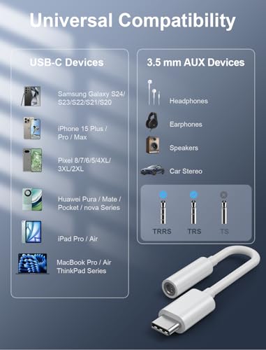 USB-C to 3.5mm Audio Headphone Adapter - HiFi 200 Pack Compatible with Apple iPhone 15 Samsung Galaxy S24 S23 S22 S21 Plus Pro Max Ultra Pixel iPad - Type C to Jack Dongle Adapter - 5