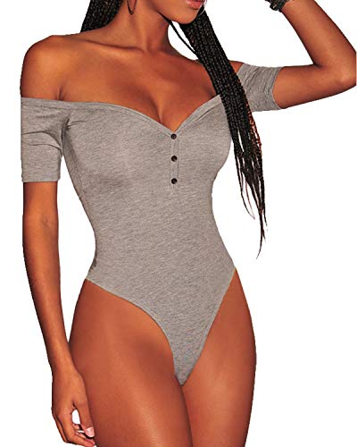 ANCAPELION Women’s Off Shoulder Short Sleeve Bodysuit Sexy Stretchy Bodycon Top