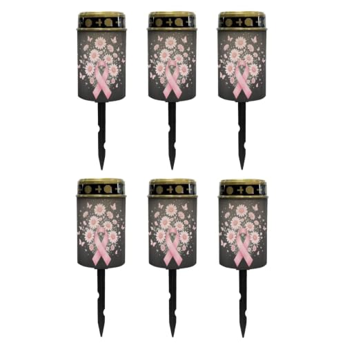 Image of Poceacles Solar Lights Outdoor Grave Candle for Cemetery Decoration Solar Outdoor Lights for Garden Lawn Backyard Pathway Decor, Pink Ribbon Daisy Butterfly Black, Set of 6