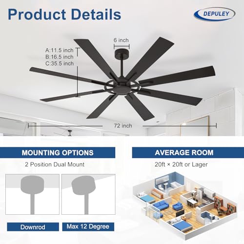 Image of Depuley Ceiling Fan Without Light: 72 Inch Big Indoor Outdoor Fan with Remote APP Control - Black Wood Grain Large Ceiling Fan no Light 8 Blade Reversible Quiet DC Motor Memory Function Timer