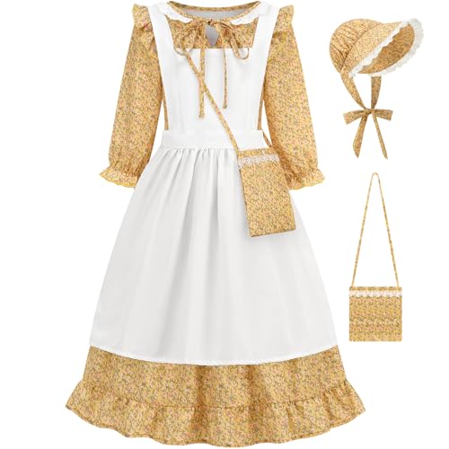 Aoiviss Pioneer Girls Dress Floral Colonial Prairie Costumes for Little Kids with Apron and Bonnet, Yellow