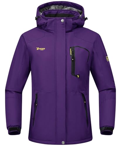 Rdruko Skijacke Damen Warme Winterjacke Gefüttert Verdickt Softshelljacke Wasserdicht Snowboardjacke Atmungsaktiv mit Abtrennbarer Kapuze - Violett M