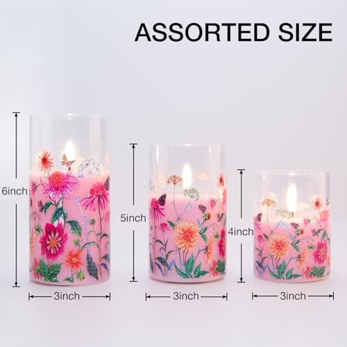 Image of Pink Floral Glass Flameless Pillar Candles with Remote, Flickering Spring LED Battery Candles Home Decor Set of 3