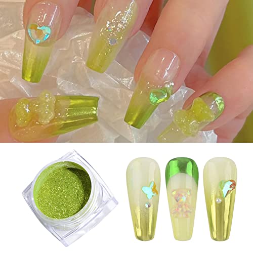 Image of Green Chrome Nail Powder, 2 Jars Nail Art Magic Mirror Powder Chrome Pigment Powder Green Apple Raisins Chrome Nail Powder Manicure Tips with Sponge Applicators