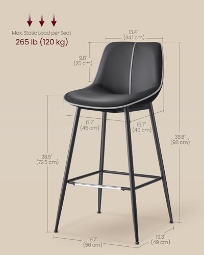 Image of VASAGLE Bar Stools Set of 2, Bar Height Bar Stools with Back, Ergonomic Backrest, Synthetic Leather, Metal Legs, 28.5-Inch Tall Barstools for Kitchen Island Home Bar, Easy Assembly, Ink Black