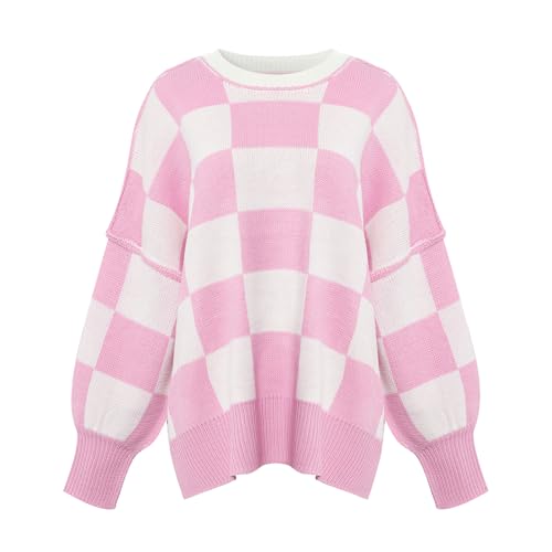 Simier Fariry Women Fall Oversized Plaid Sweater Pullover Winter Long