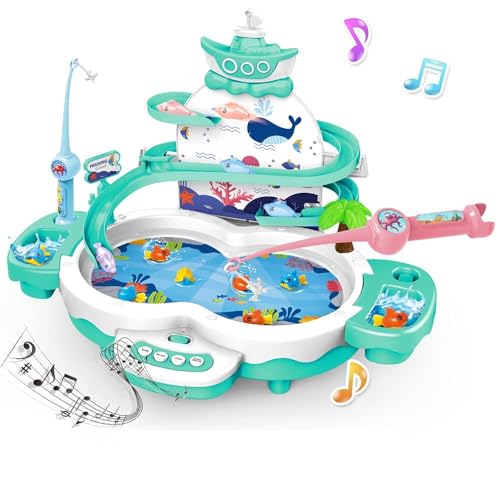 Veluoess Juego de Pesca Juguete, Magnético con 3 Delfines, 10 Peces, 2 Cañas de Pescar, 2 Redes de Pesca y 2 Arpones Juguetes Montessori Regalo Educativo para Niños
