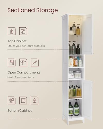 Image of VASAGLE Tall Storage Cabinet with Lights, Slim Freestanding Cabinet with Adjustable Shelves, for Small Spaces, Bathroom, Living Room, Modern, 11.8 Inches Wide, Cloud White UBBC566W02V1