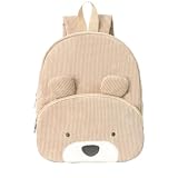 RETEN Corduroy Toddler Backpack for Boys and Girls 3-6 Preschool Kindergarten Cute Bear Backpack Kids Travel Daycare Bag (Khaki)
