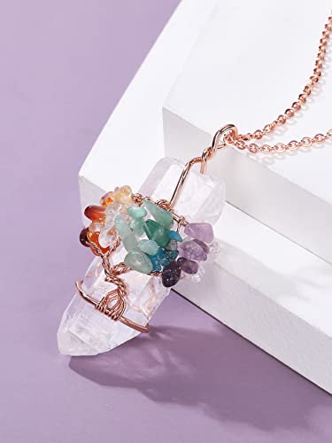 PESOENTH 7 Chakra Life Tree Clear Quartz Crystal Necklace Women Wire Wrapped Natural Gemstone Healing Point Reiki Stones Pendant Necklace Spiritual Jewelry Gifts4