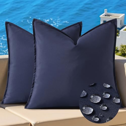 decorUhome Waterproof Linen Outdoor Throw Pillow Covers 18x18 Inch Set of 2 Decorative Farmhouse Solid Pillow Cases with Flange Edges for Summer Couch Sofa Garden Patio Balcony Tent Porch Navy Blue