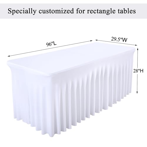 Image of Besutolife White Tablecloths for Rectangle Tables 8ft Spandex Table Skirt One-Piece Wrinkle-Resistant Ruffles Design for Banquets Parties Wedding Dining Table