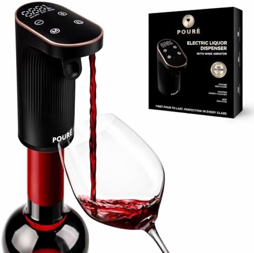 POURÉ Electric Liquor Dispenser with Wine Aerator - Adjustable Alcohol Output 1-999mL - Smart Whiskey Pourer Pump - Long Battery Life - LED Touch Screen - Birthday Gift for Men Women (Black)