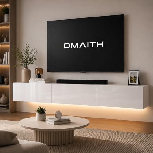 DMAITH Floating TV Stand with LED Lights Wall Mounted Entertainment Center with 3 Drawers High Gloss Modern Media Console for TVs up to 75 Inch Dual Installation for Living Room White