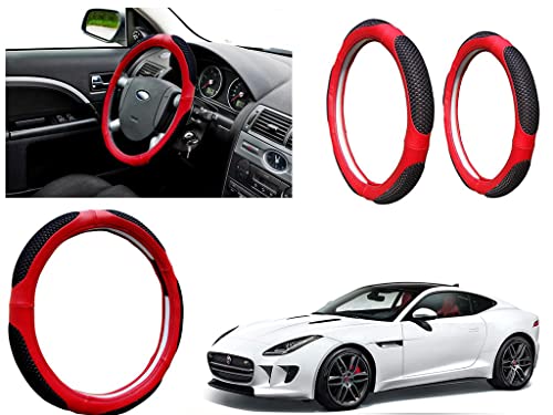 Image of Microfiber Car Steering Wheel Cover, Soft Padding Great Hand Feel, Anti-Slip, Faux Leather Steering Cover for Jaguar F Type | Black Red Jali - Pack of 1