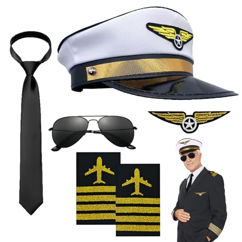 DTAOZFA 6 Stücke Pilot Kapitän Kostüm Zubehör, Flieger Kapitän Verkleidung Accessoires, Flieger Verkleidung Accessoires, Wird für Karnevalsfeiern, Rollenspiele usw. Verwendet (6, Weiß)
