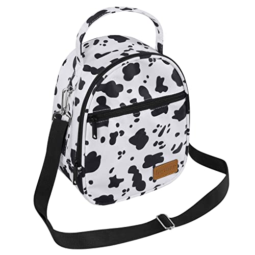 Joymee Lunch Box Insulated Lunch Bag Women Men Reusable Cooler Bag Adult Cute Lunch Tote Bags Organizer With Front Zipper Pocket,Adjustable Shoulder Strap For Work Office Picnic Travel,Cow Print White #TOP21