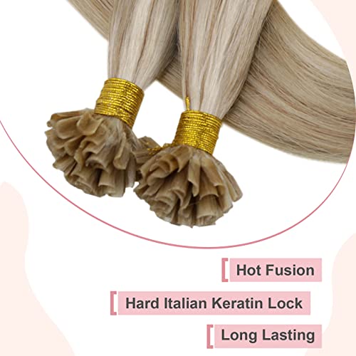 Easyouth Pre Bonded Human Hair Extensions U Tip Hair Extensions Hot Fusion Honey Blonde Highlights Light Blonde U Tips Human Hair Extensions Straight 50G 1G/S 16Inch #TOP2